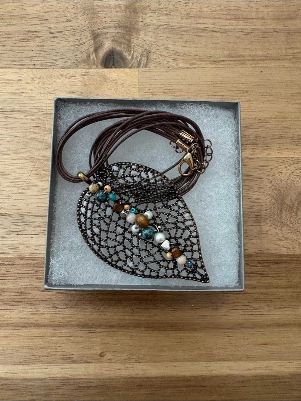 Boho Brown Filigree Leaf Necklace with Multicolor Beads